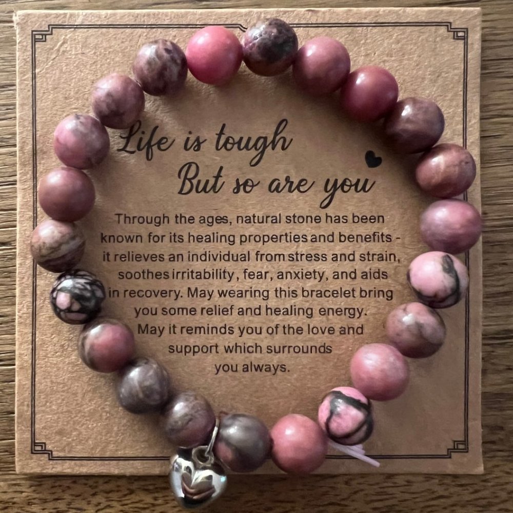 Rhodochrosite Bead Stretch Bracelet with Heart Pendant | Inspirational Gift